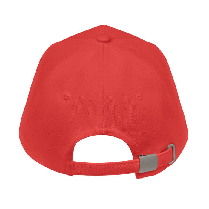A red cap featuring a rear buckle closure and a rounded crown design. The cap has a plain surface.