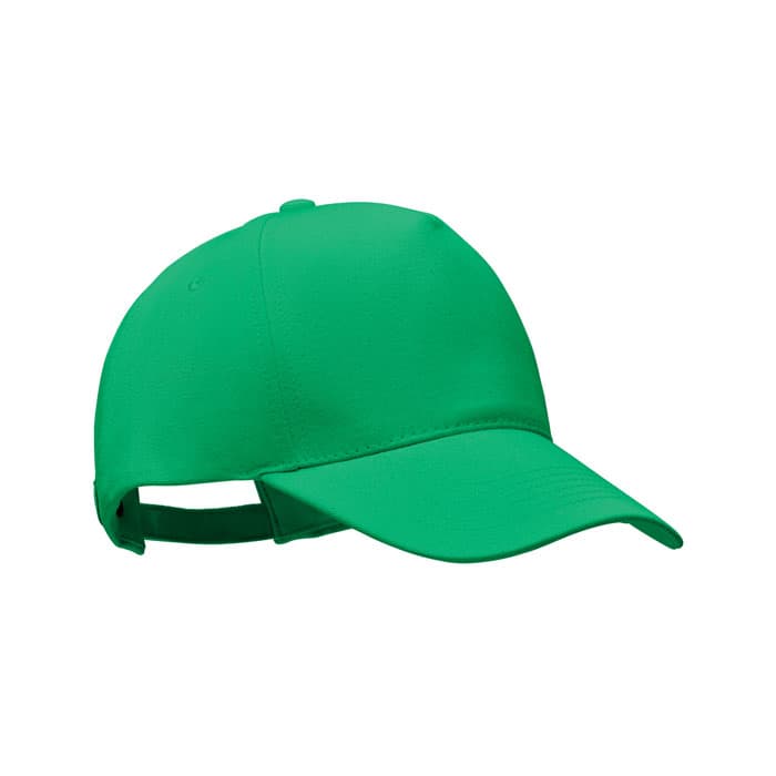 A green cap with a curved brim and an adjustable strap on the back, featuring a branding logo.