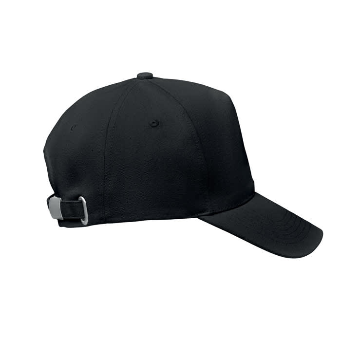 A black cap featuring a rear adjustment strap and a curved brim, with a logo on the front.