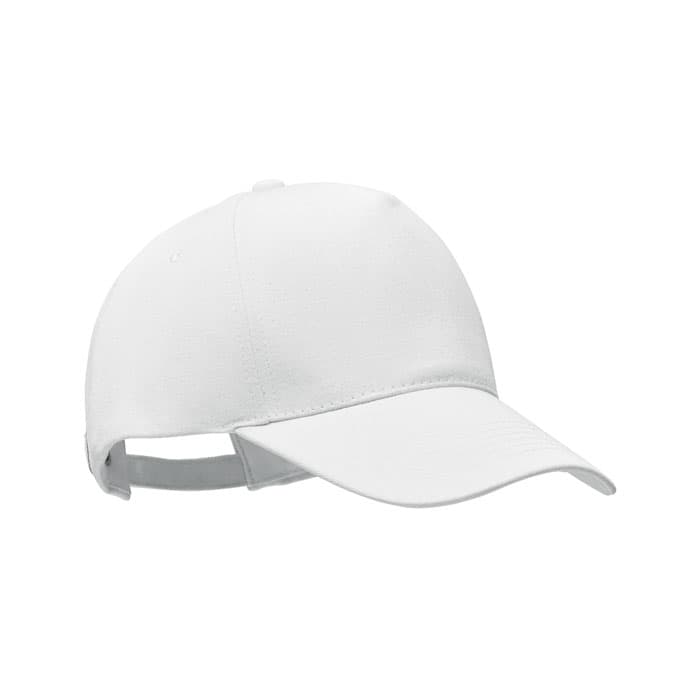 A white cap featuring a curved visor and an adjustable strap at the back. It has a logo on the front.