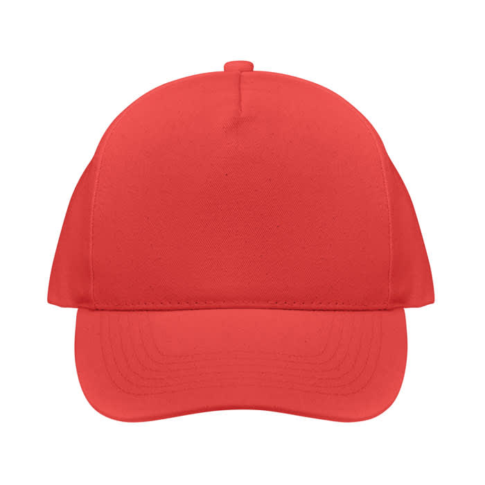 A red baseball cap with a smooth fabric finish and a curved brim, featuring a logo on the front.
