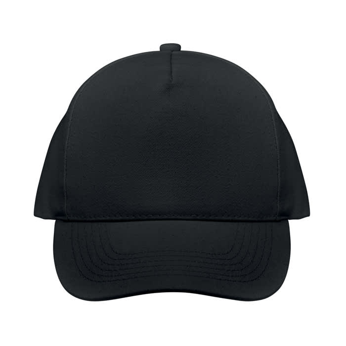 A black cap with a curved brim and a structured front, featuring a logo on the side.