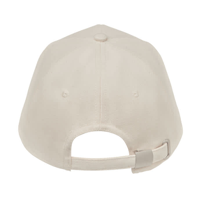 A beige cap featuring a rear adjustment strap and a button on top, with no visible branding.