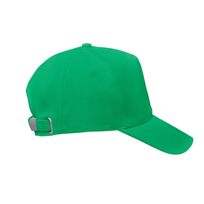 A green cap with a curved brim and adjustable strap at the back, featuring a logo.