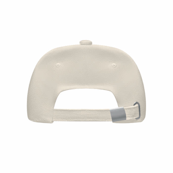 A white cap featuring a textured design and a silver strap adjustment at the back.