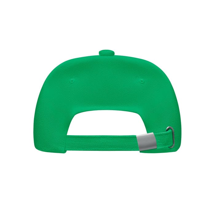 A green cap with a structured design and an adjustable strap at the back, featuring a logo.