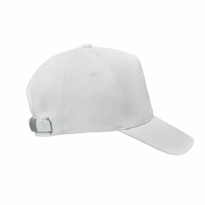 A white cap with a curved brim and an adjustable strap at the back, featuring a logo.