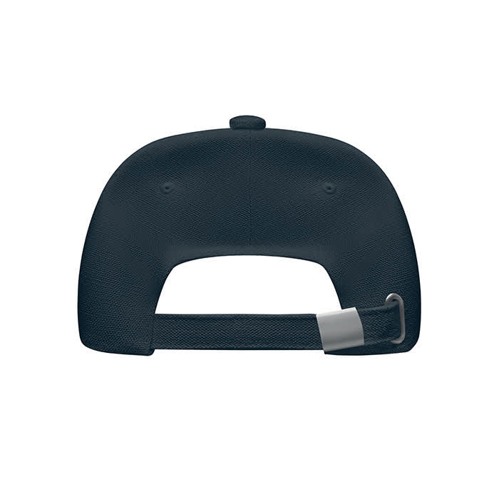 A dark navy cap featuring a textured finish and an adjustable strap at the back, with a logo on the side.