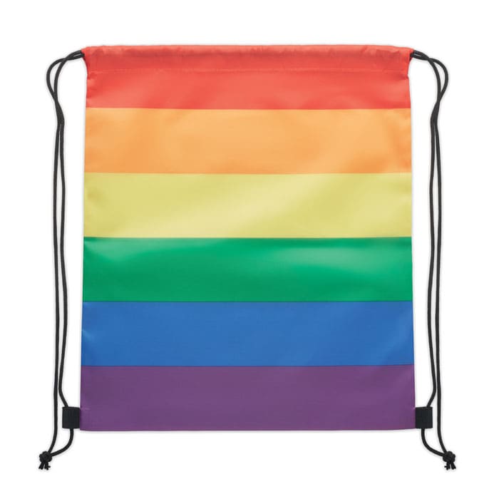 A drawstring bag featuring the rainbow flag design with vibrant stripes in red, orange, yellow, green, blue, and purple.