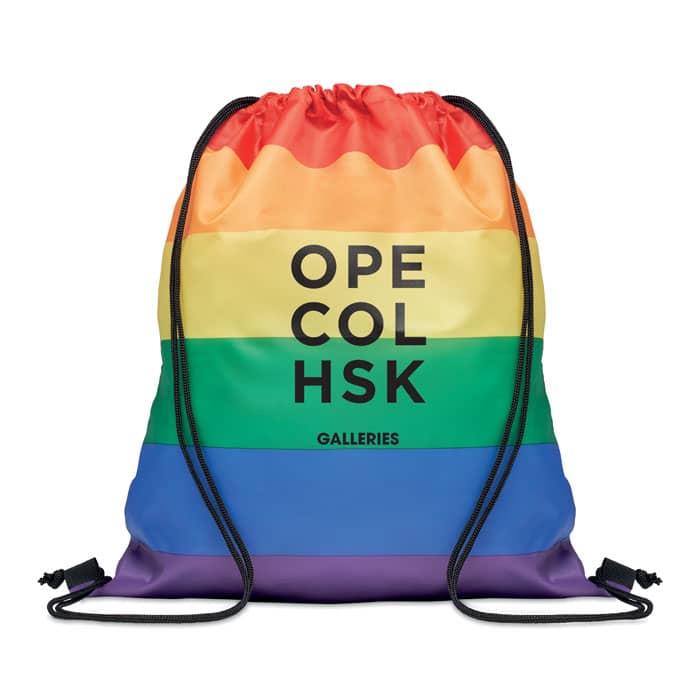 A drawstring bag featuring a rainbow colour scheme with various horizontal stripes and a logo in the centre.