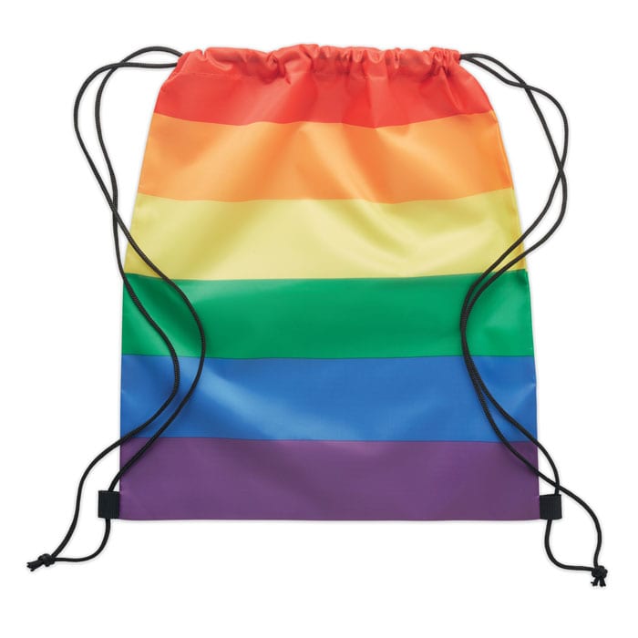 A drawstring bag featuring horizontal stripes in rainbow colours, including red, orange, yellow, green, blue, and purple.