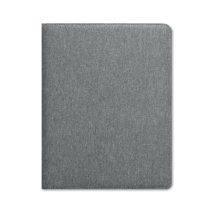 A grey folder with a textured fabric finish, featuring a subtle branding logo on the front.