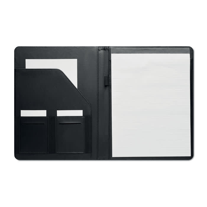 A black folder with an open design, featuring pockets for documents and a blank notepad on the right side.