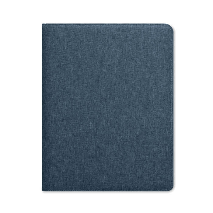 A folder in a textured dark blue fabric, featuring a subtle branding logo on the front.