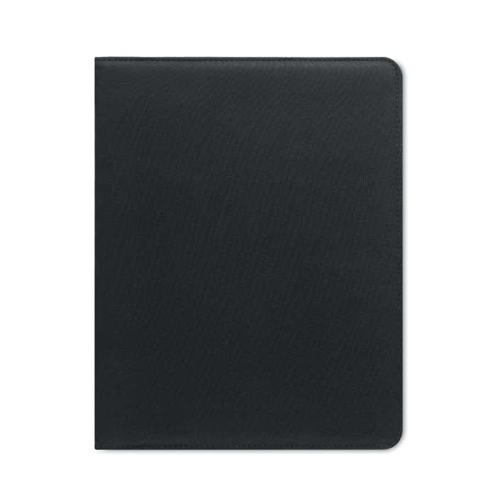 A black folder with a smooth finish, featuring a simple design and a logo on the front.