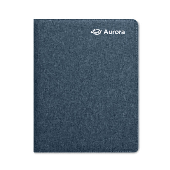 A notebook with a textured blue cover, featuring a logo on the top right corner.