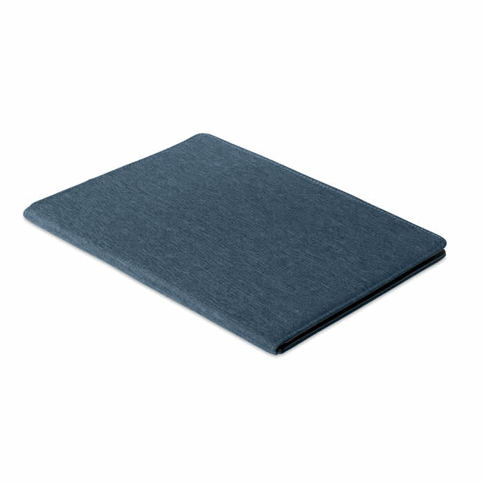 A dark blue notebook cover with a textured finish, featuring a logo on the front.