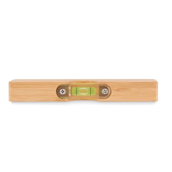 A spirit level featuring a wooden bamboo body with a transparent vial containing a green bubble.