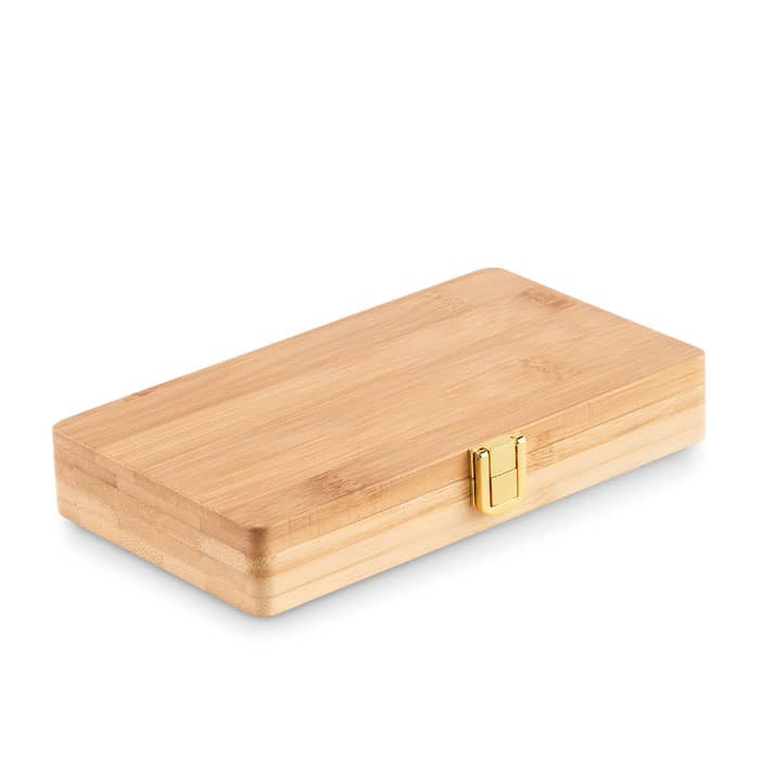 A bamboo box with a gold latch, featuring a sleek and natural finish, perfect for storage.