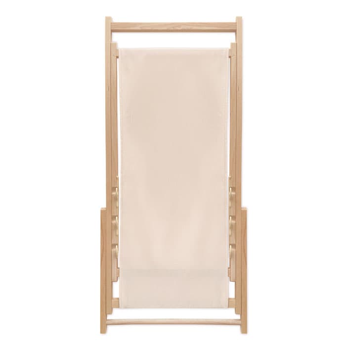 A wooden folding chair with a light beige fabric seat and back, featuring a simple and minimalist design.