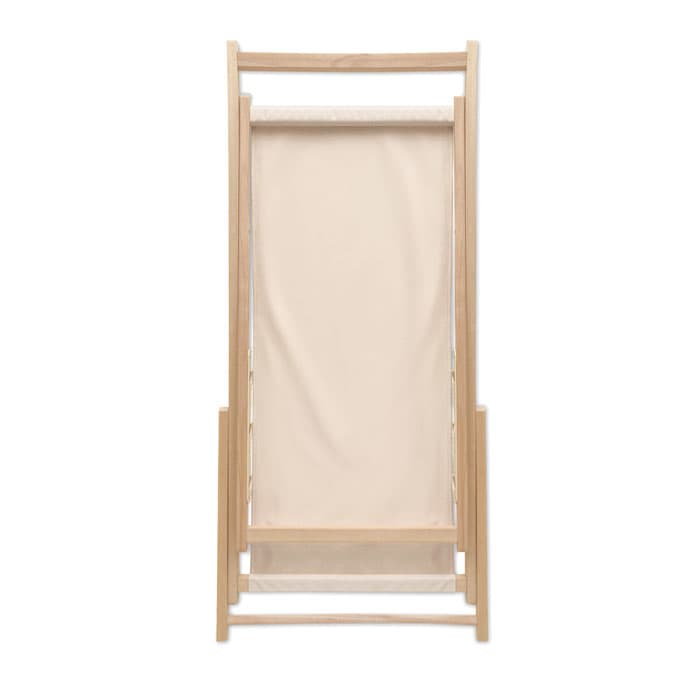 A wooden framed lounge chair with a beige fabric sling, showcasing a minimalist design and light colour palette.
