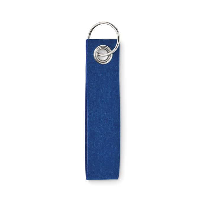 A blue fabric keychain featuring a metal ring. The design is simple and practical for holding keys.