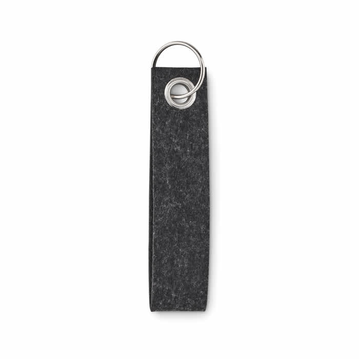A keyring featuring a textured dark grey fabric loop with a metal ring, designed for attaching keys or accessories.