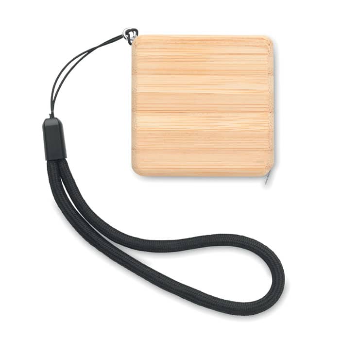 A square bamboo card holder with a black wrist strap attached. The holder has a smooth, natural finish.