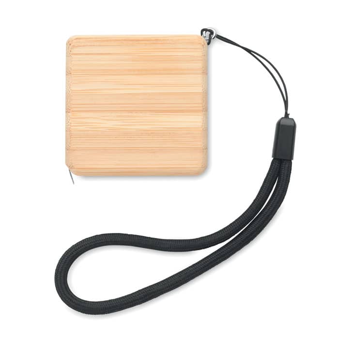 A square bamboo keyring holder with a black strap attached for easy carrying.