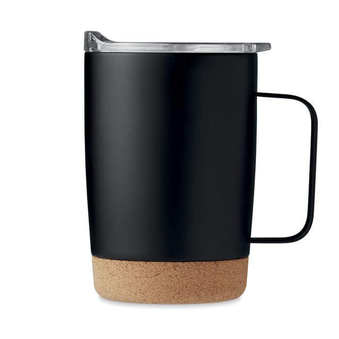 A drink bottle in matte black with a cork base and a transparent lid. Features a handle and a branding logo.