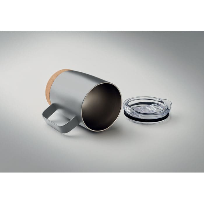 A drink bottle in silver with a cork accent, accompanied by a clear, threaded lid.