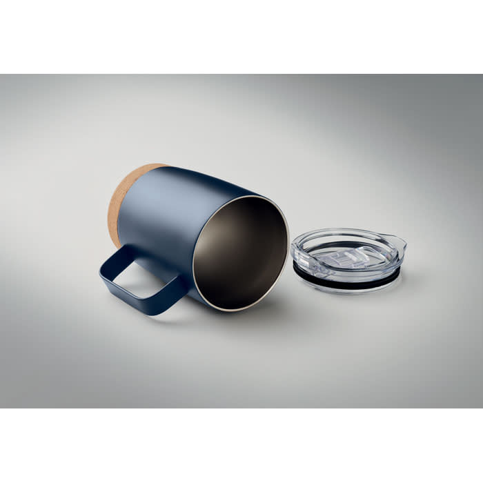 A drink bottle in navy blue with a cork handle and a clear lid, featuring a smooth metallic finish and no branding visible.