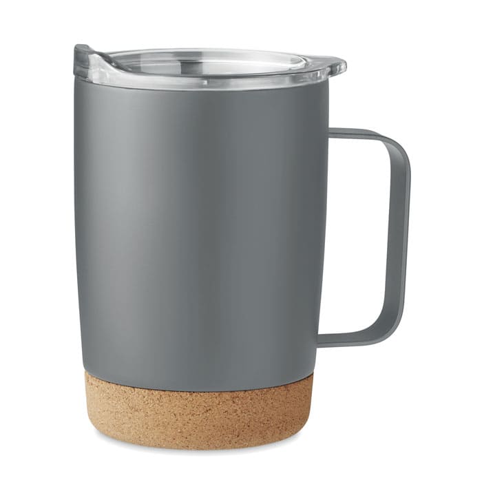 A drink bottle with a grey body and cork base, featuring a transparent lid and a handle. It has a logo on it.