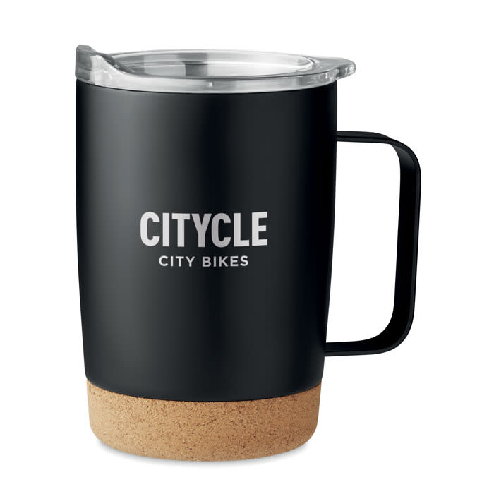 A drink bottle with a black upper section, cork base, and a transparent lid, featuring a logo.