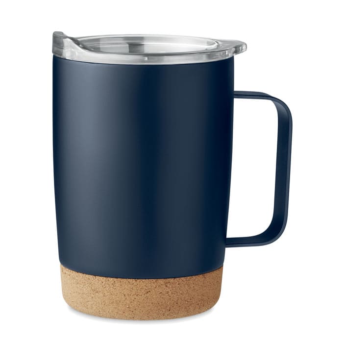 A drink bottle in navy blue with a cork bottom and a clear lid, featuring a handle and a logo.