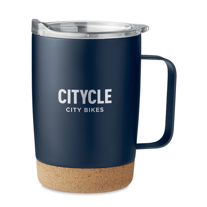 A drink bottle in navy blue with a cork base and a clear lid, featuring a brand logo.