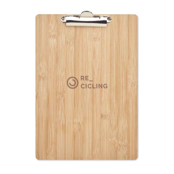 A clipboard made from bamboo featuring a silver clip and a logo on the surface.