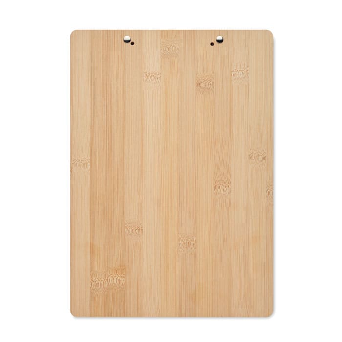 A wooden clipboard made of bamboo, featuring a smooth surface and two clips at the top.