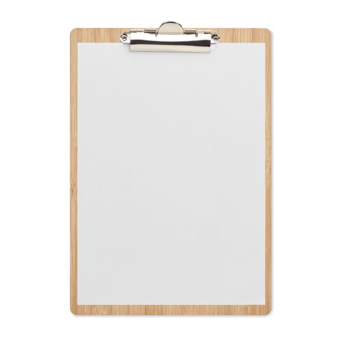 A wooden clipboard with a metal clip, featuring a blank white surface for notes or drawings.