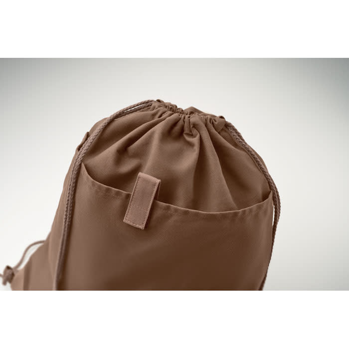 A brown drawstring bag with a small pocket at the top, featuring a simple closure mechanism.
