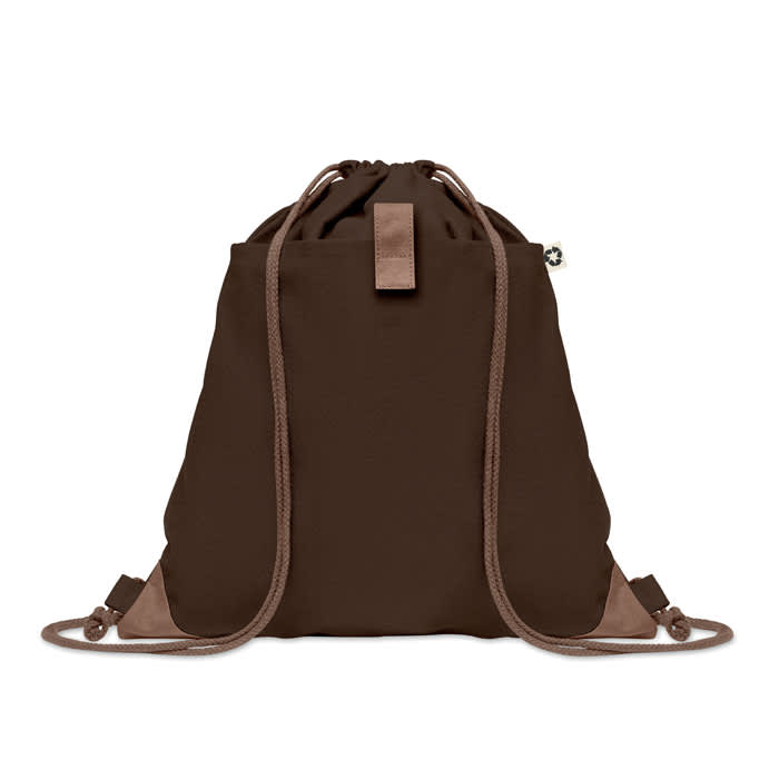 A brown drawstring bag with a darker brown base and matching straps, featuring a logo.