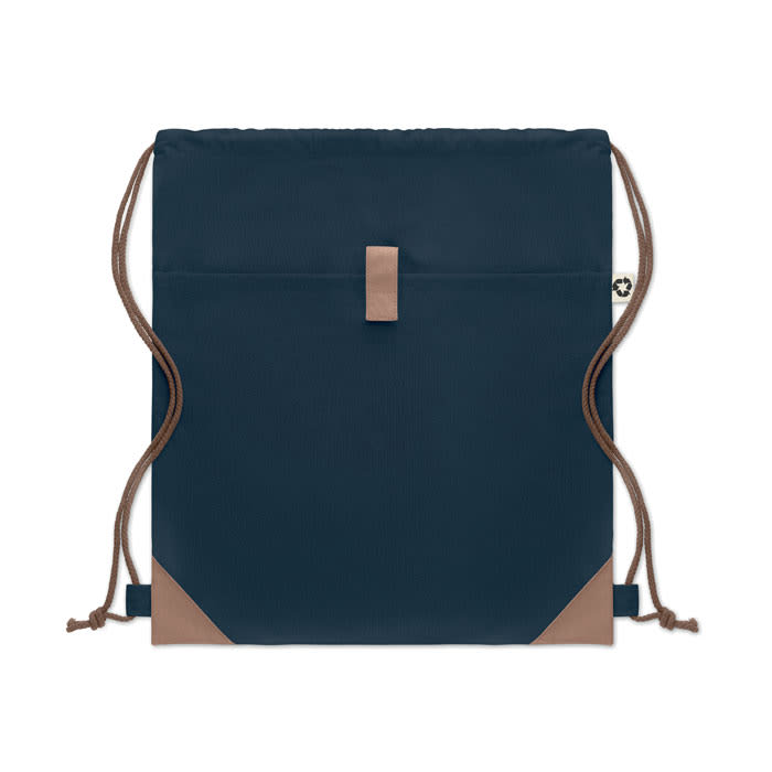 A drawstring bag in navy blue with tan accents and a small logo, made from recycled materials.