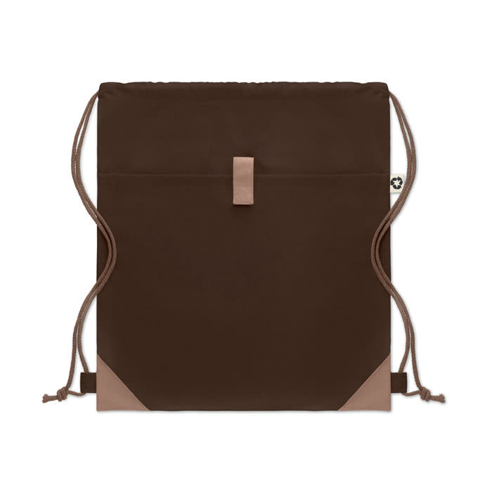 A brown drawstring bag with a beige accent and a logo on one side.