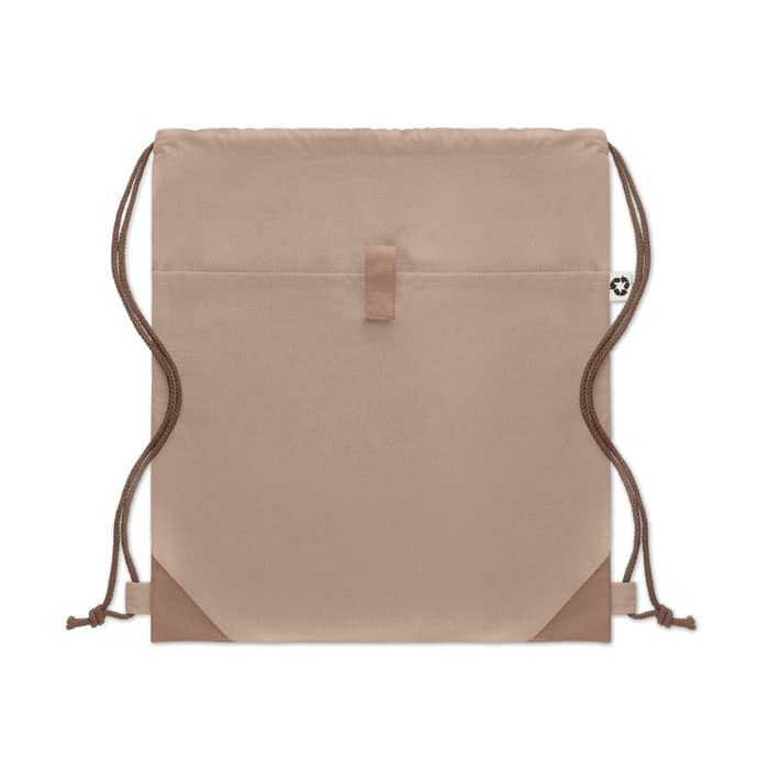 A beige drawstring bag with brown accents and a logo, featuring a simple, minimalist design.