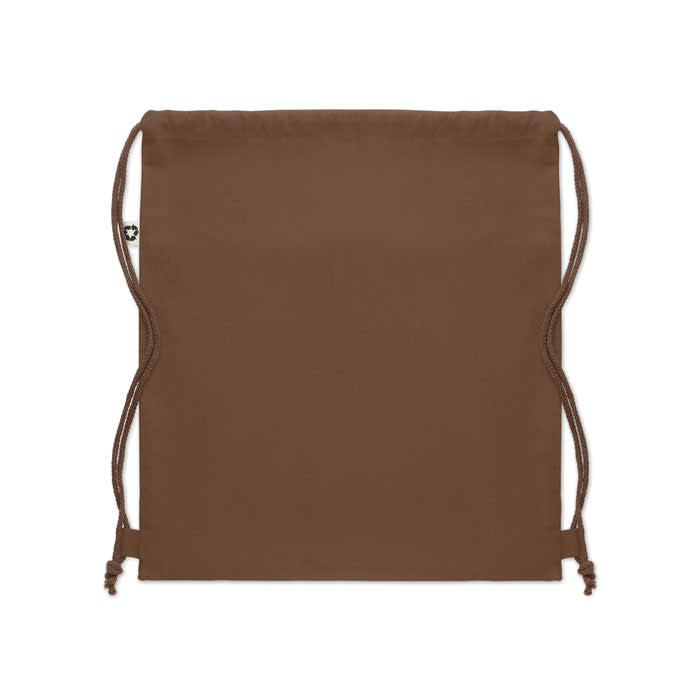 A brown drawstring bag made from durable material, featuring a logo on one side.