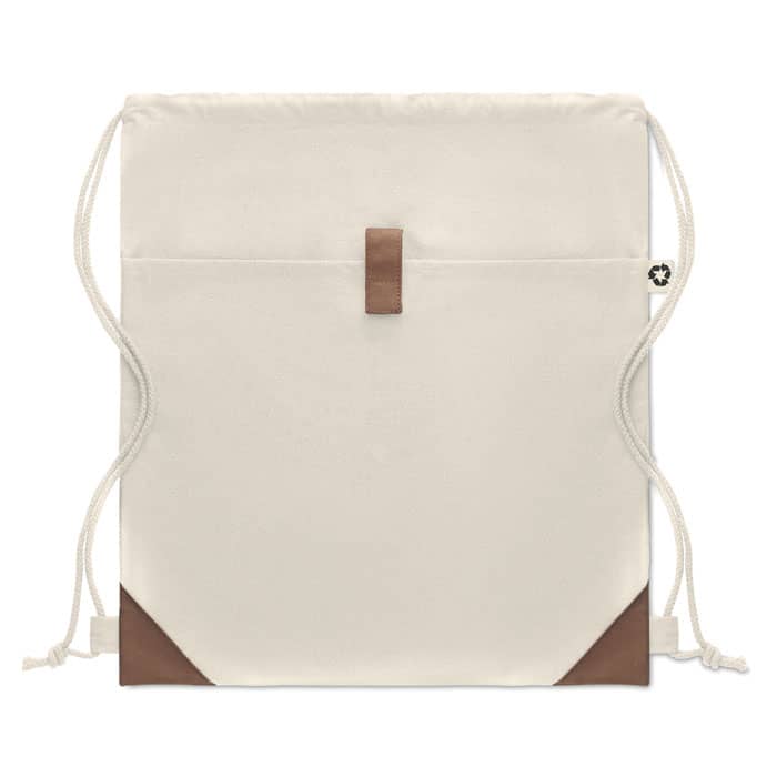A cream-coloured drawstring bag with a brown accent and a logo on the side.