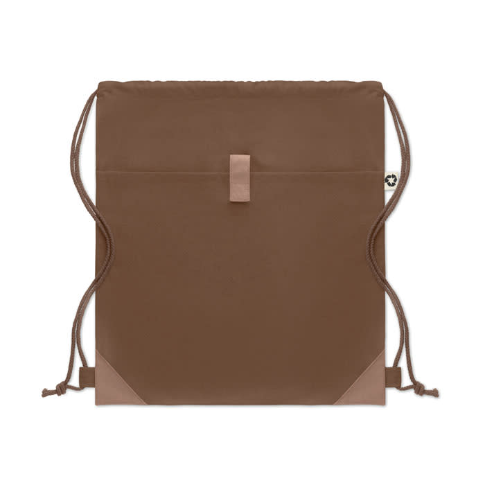A brown drawstring bag with a flat design and contrasting lighter brown accents, featuring a logo.