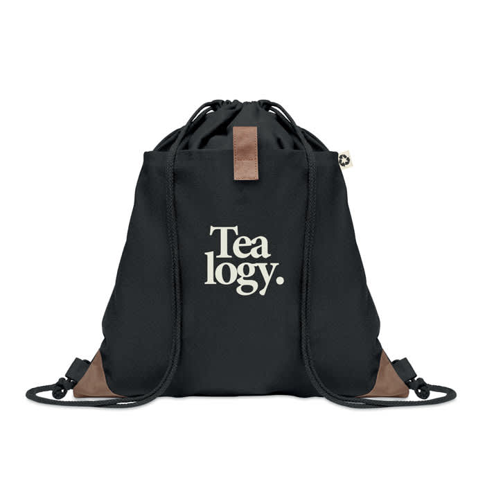 A black drawstring bag with brown accents and a logo in the centre.
