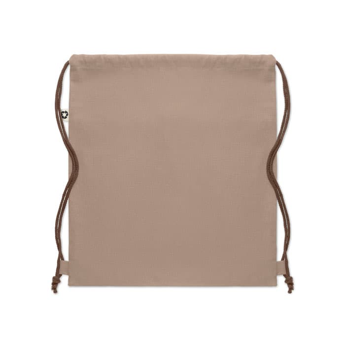 A beige drawstring bag with brown cords, featuring a small logo on one side.