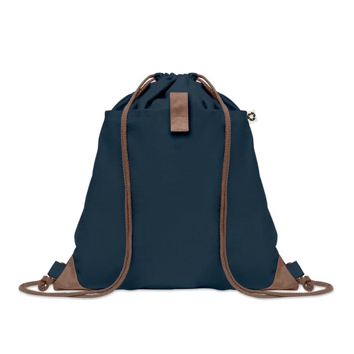 A navy drawstring bag with brown accents and a logo, designed for carrying various items.